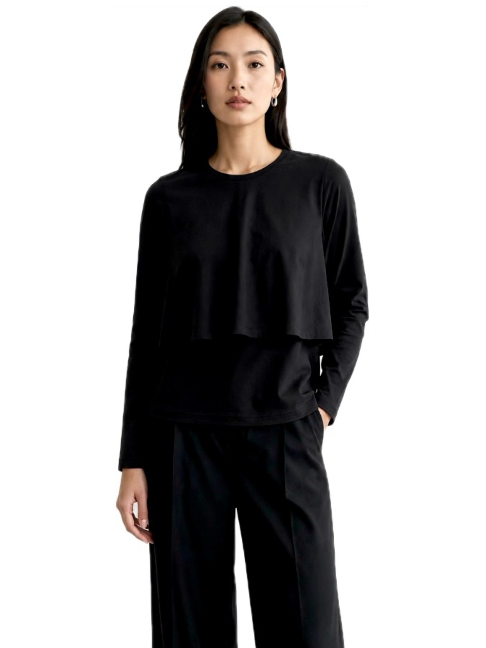 COS Black Layered Peplum Long Sleeve Top Small Minimalist Overlay Pullover